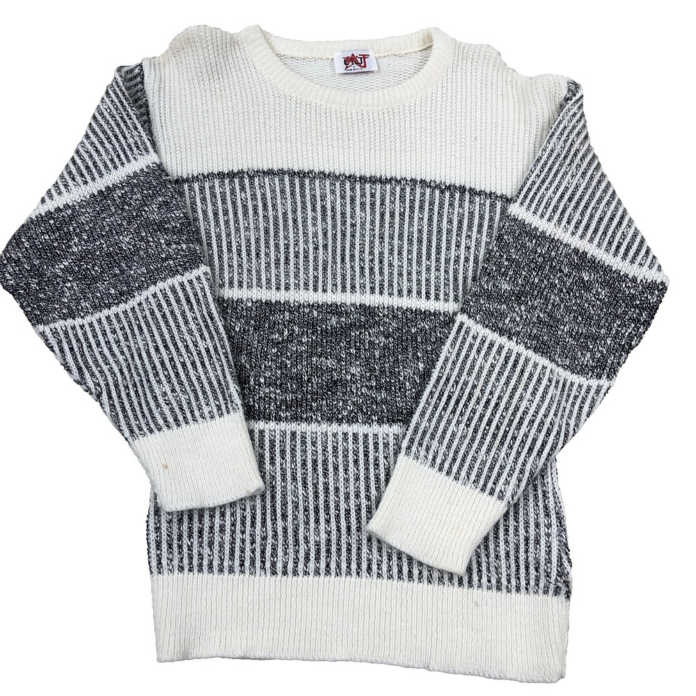 Vintage Grandpa Sweater Men Small White Gray Colorblock Knit‎ 80s 90s USA *